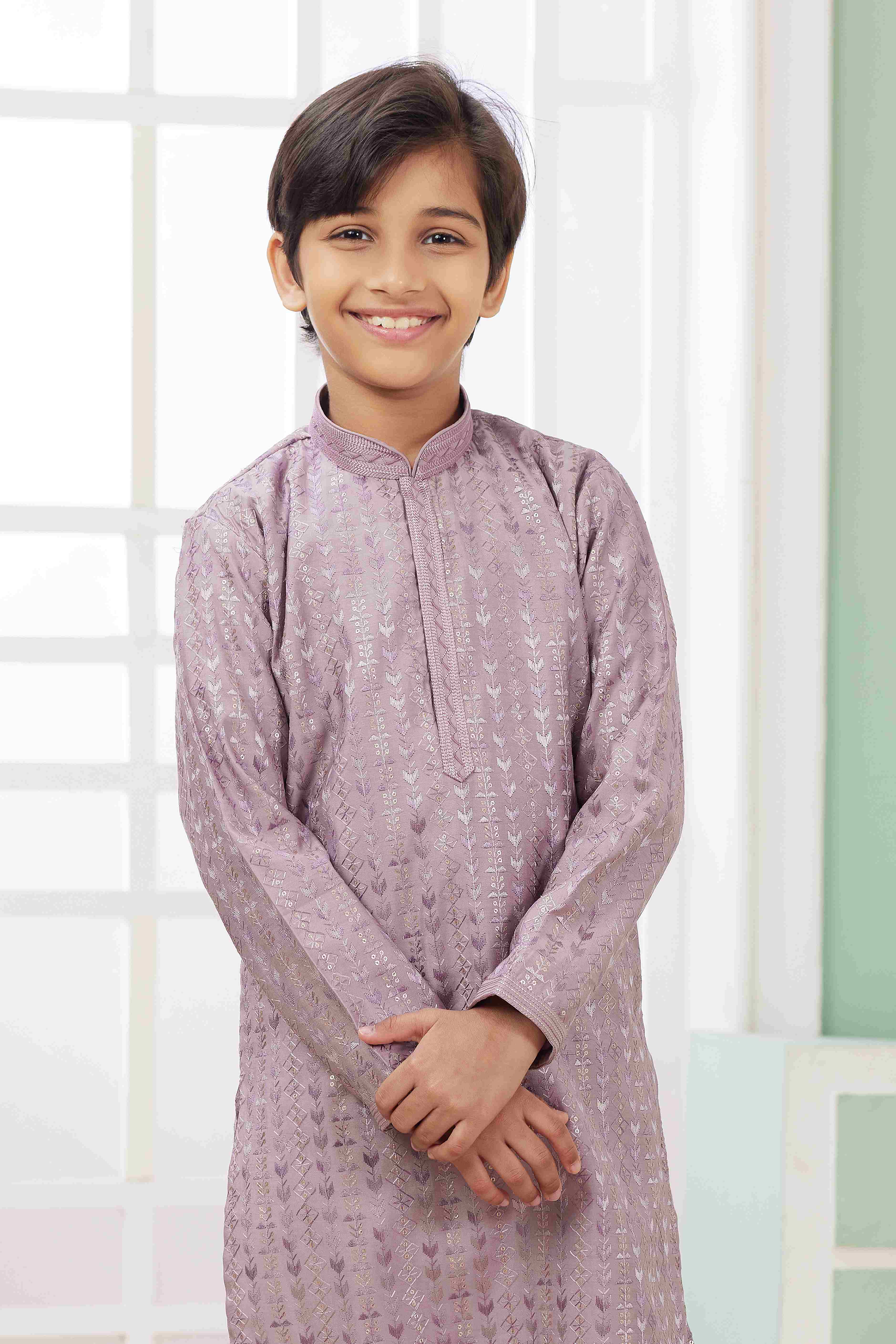 Raivat Ethnic Art Silk Embroidery Work Kids Kurta Pajama In Lilac Colour | Grocsy
