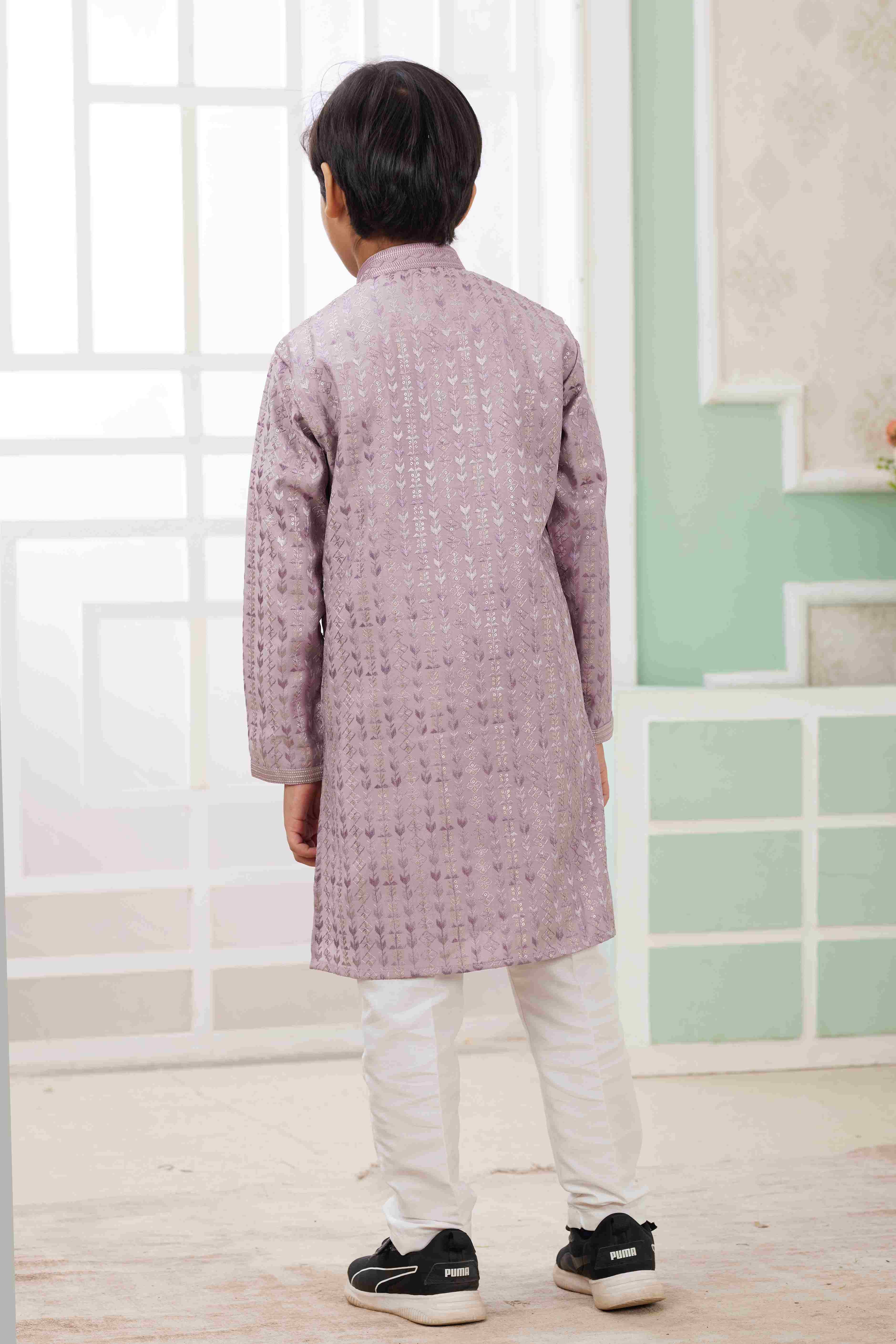 Raivat Ethnic Art Silk Embroidery Work Kids Kurta Pajama In Lilac Colour | Grocsy