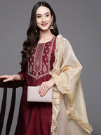 Indo Era Women Magenta Ethnic Motifs Embroidered Kurta with Trousers & With Dupatta | Grocsy