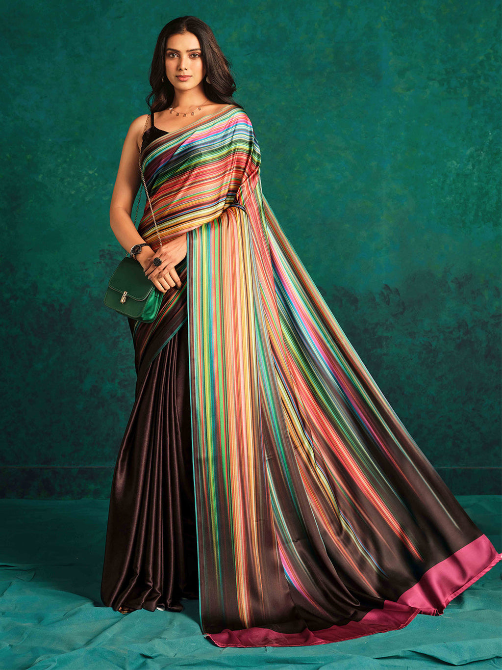 Sangria Striped Digital Printed Satin Saree | Grocsy