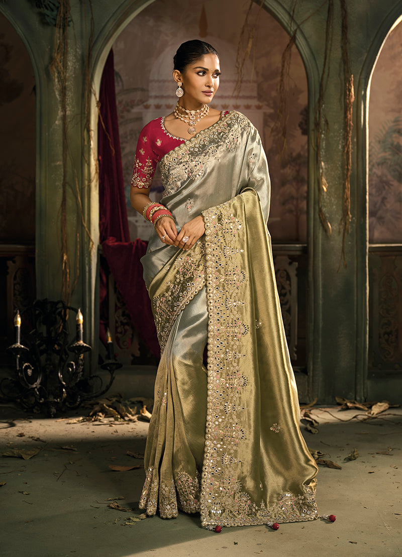 Monjolika Fashion Multicolor Silk Blend Wedding Saree With Cut Dana, Embroidered, Moti And Zari Work | Grocsy