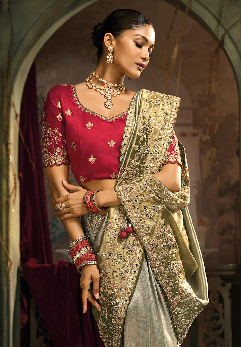 Monjolika Fashion Multicolor Silk Blend Wedding Saree With Cut Dana, Embroidered, Moti And Zari Work | Grocsy