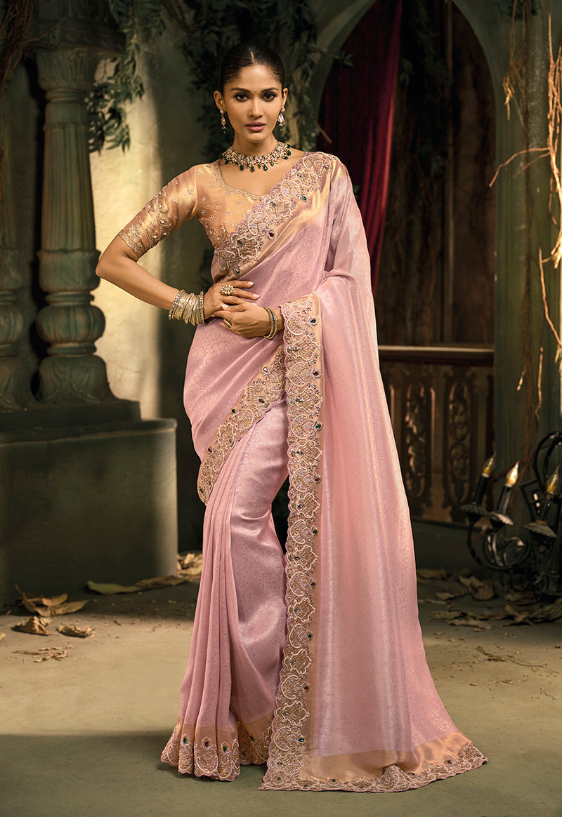 Monjolika Fashion Pink Silk Blend Wedding Saree With Cut Dana, Embroidered, Moti And Zari Work | Grocsy