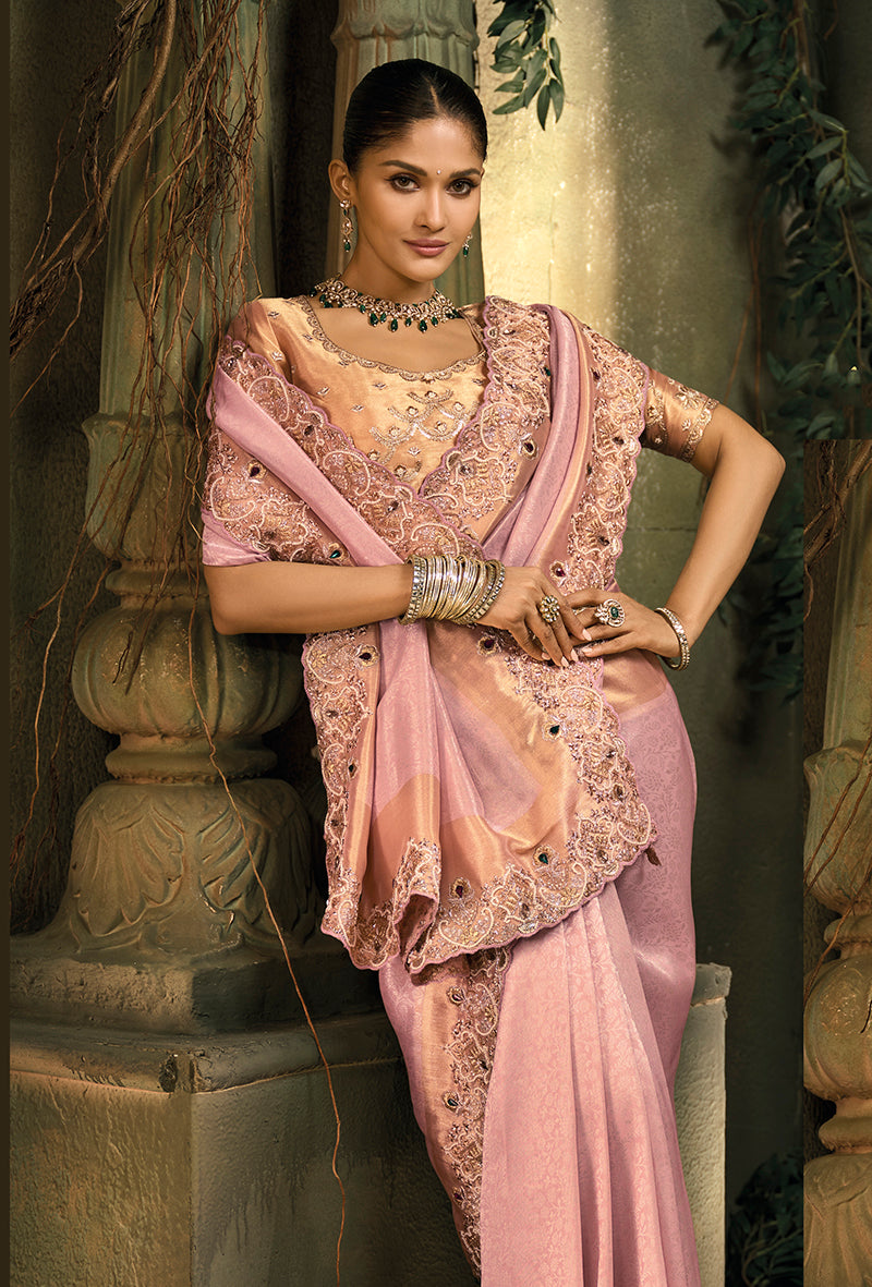 Monjolika Fashion Pink Silk Blend Wedding Saree With Cut Dana, Embroidered, Moti And Zari Work | Grocsy