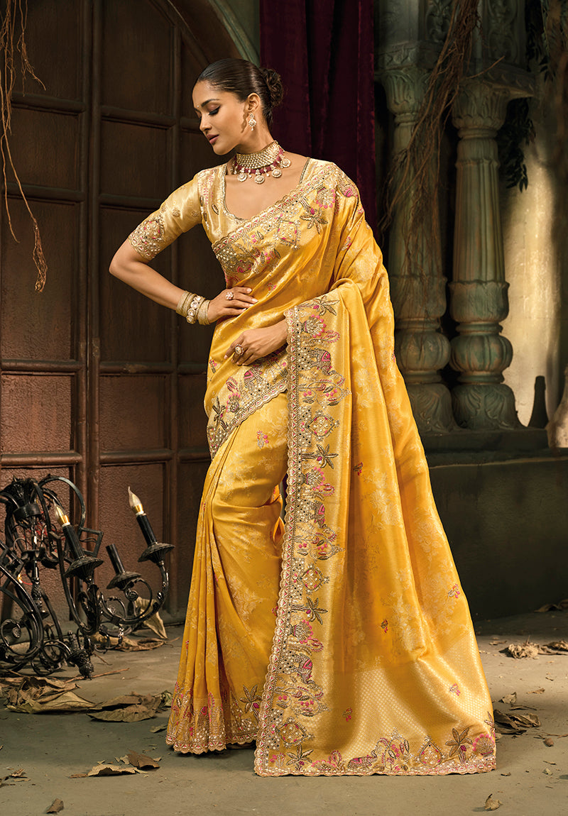 Monjolika Fashion Mustard Silk Blend Wedding Saree With Cut Dana, Embroidered, Moti And Zari Work | Grocsy