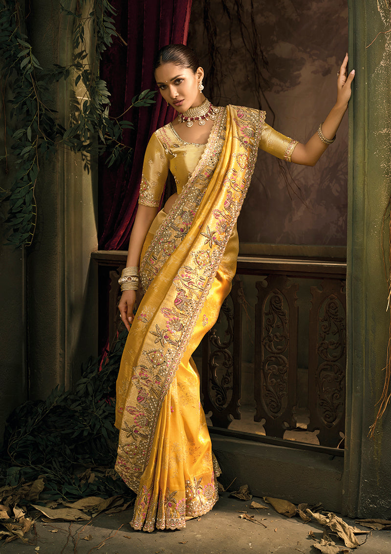 Monjolika Fashion Mustard Silk Blend Wedding Saree With Cut Dana, Embroidered, Moti And Zari Work | Grocsy