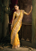 Monjolika Fashion Mustard Silk Blend Wedding Saree With Cut Dana, Embroidered, Moti And Zari Work | Grocsy