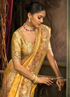 Monjolika Fashion Mustard Silk Blend Wedding Saree With Cut Dana, Embroidered, Moti And Zari Work | Grocsy