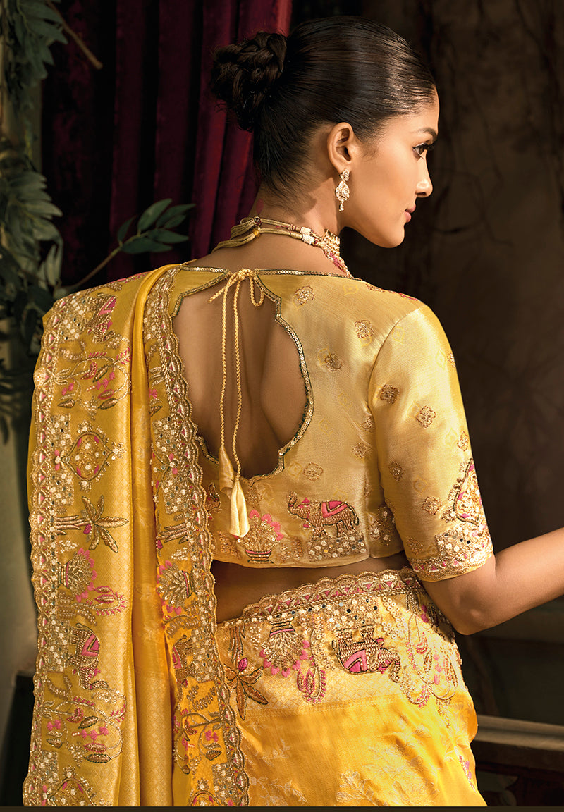 Monjolika Fashion Mustard Silk Blend Wedding Saree With Cut Dana, Embroidered, Moti And Zari Work | Grocsy