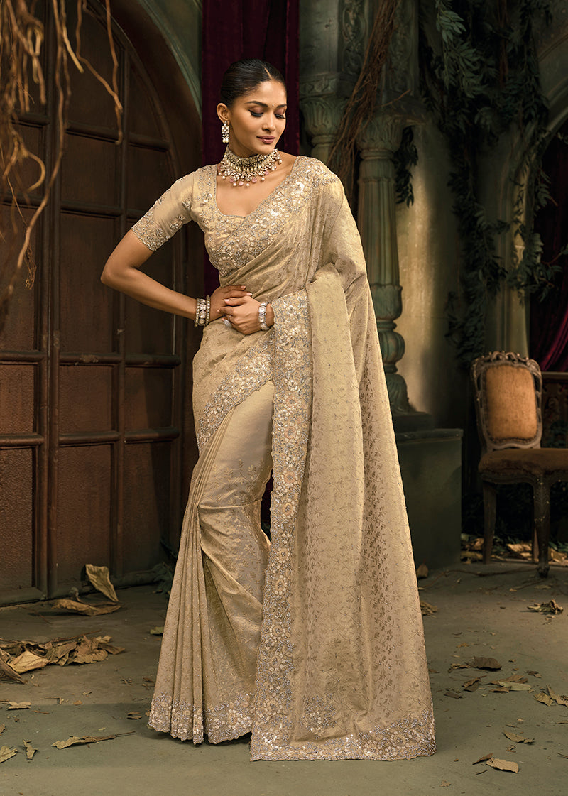 Monjolika Fashion Cream Silk Blend Wedding Saree With Cut Dana, Embroidered, Moti And Zari Work | Grocsy