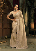 Monjolika Fashion Cream Silk Blend Wedding Saree With Cut Dana, Embroidered, Moti And Zari Work | Grocsy