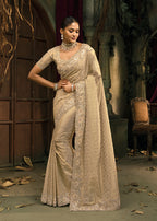 Monjolika Fashion Cream Silk Blend Wedding Saree With Cut Dana, Embroidered, Moti And Zari Work | Grocsy