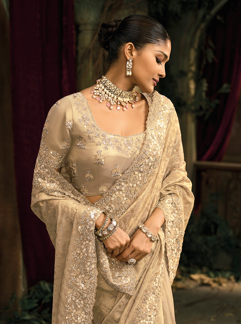 Monjolika Fashion Cream Silk Blend Wedding Saree With Cut Dana, Embroidered, Moti And Zari Work | Grocsy