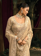 Monjolika Fashion Cream Silk Blend Wedding Saree With Cut Dana, Embroidered, Moti And Zari Work | Grocsy