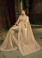 Monjolika Fashion Cream Silk Blend Wedding Saree With Cut Dana, Embroidered, Moti And Zari Work | Grocsy