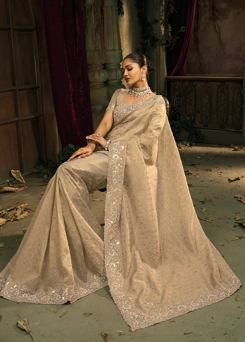 Monjolika Fashion Cream Silk Blend Wedding Saree With Cut Dana, Embroidered, Moti And Zari Work | Grocsy