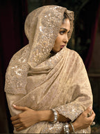Monjolika Fashion Cream Silk Blend Wedding Saree With Cut Dana, Embroidered, Moti And Zari Work | Grocsy