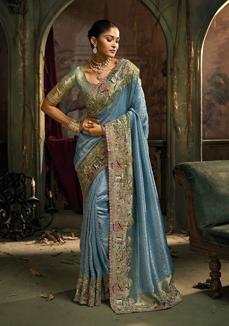 Monjolika Fashion Light Blue Silk Blend Wedding Saree With Cut Dana, Embroidered, Moti And Zari Work | Grocsy