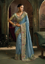 Monjolika Fashion Light Blue Silk Blend Wedding Saree With Cut Dana, Embroidered, Moti And Zari Work | Grocsy