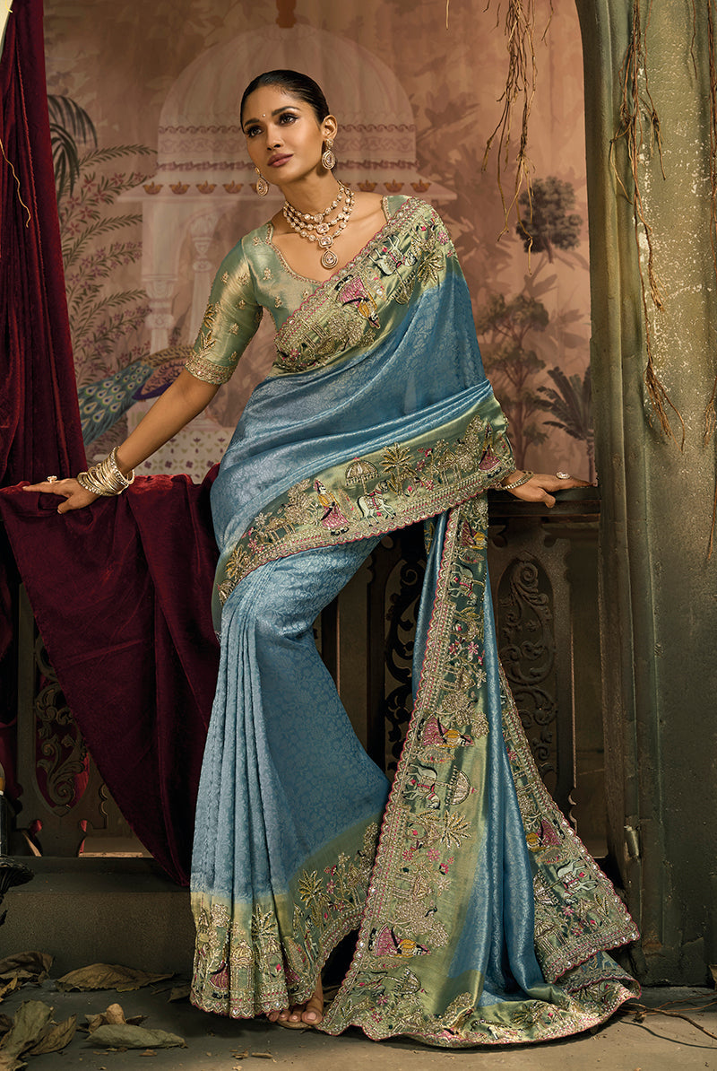 Monjolika Fashion Light Blue Silk Blend Wedding Saree With Cut Dana, Embroidered, Moti And Zari Work | Grocsy