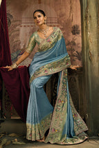 Monjolika Fashion Light Blue Silk Blend Wedding Saree With Cut Dana, Embroidered, Moti And Zari Work | Grocsy