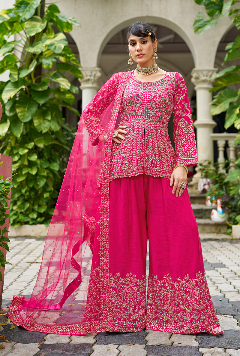 Monjolika Fashion Chinon Embroidered Rani Pink Readymade Palazzo Kameez | Grocsy