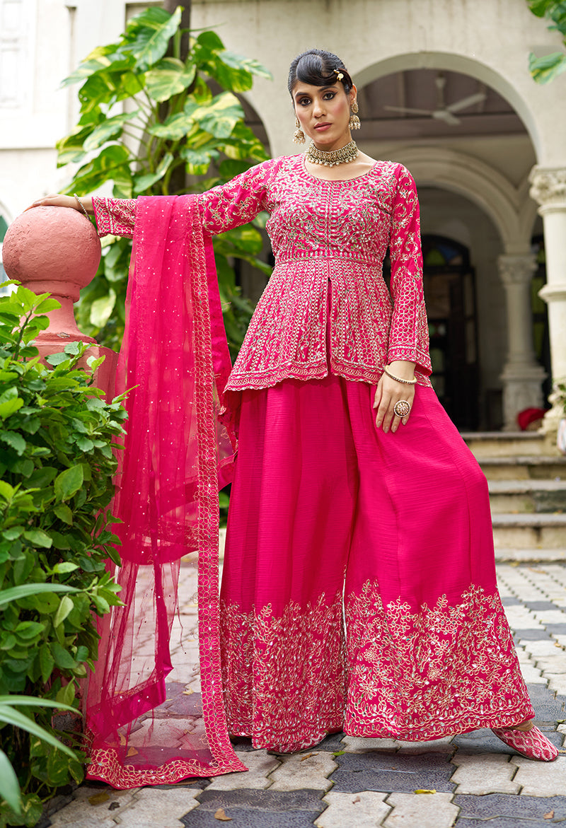 Monjolika Fashion Chinon Embroidered Rani Pink Readymade Palazzo Kameez | Grocsy