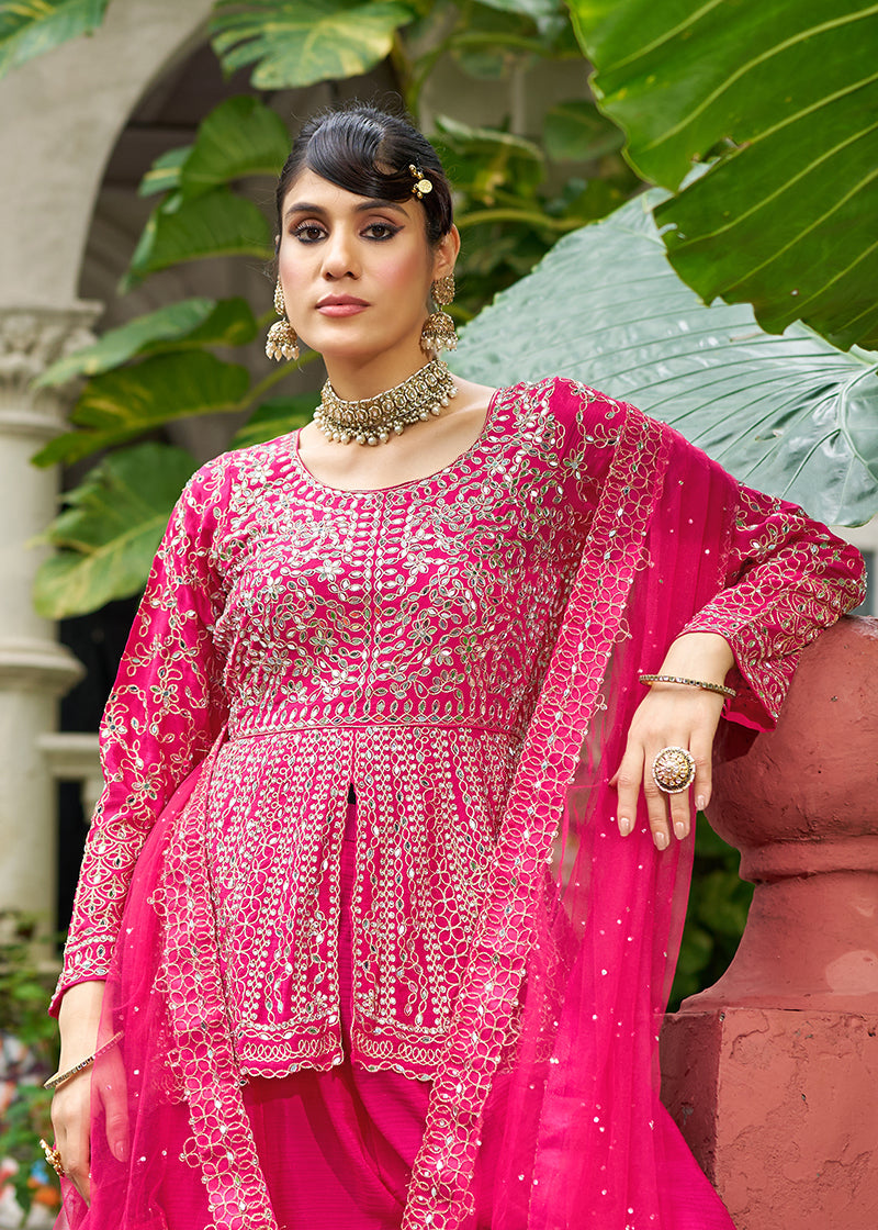 Monjolika Fashion Chinon Embroidered Rani Pink Readymade Palazzo Kameez | Grocsy