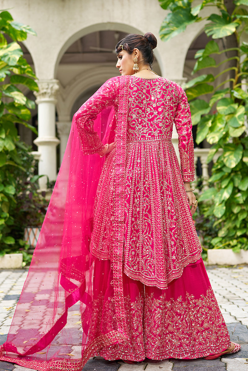Monjolika Fashion Chinon Embroidered Rani Pink Readymade Palazzo Kameez | Grocsy