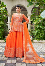 Monjolika Fashion Chinon Embroidered Orange Readymade Palazzo Kameez | Grocsy