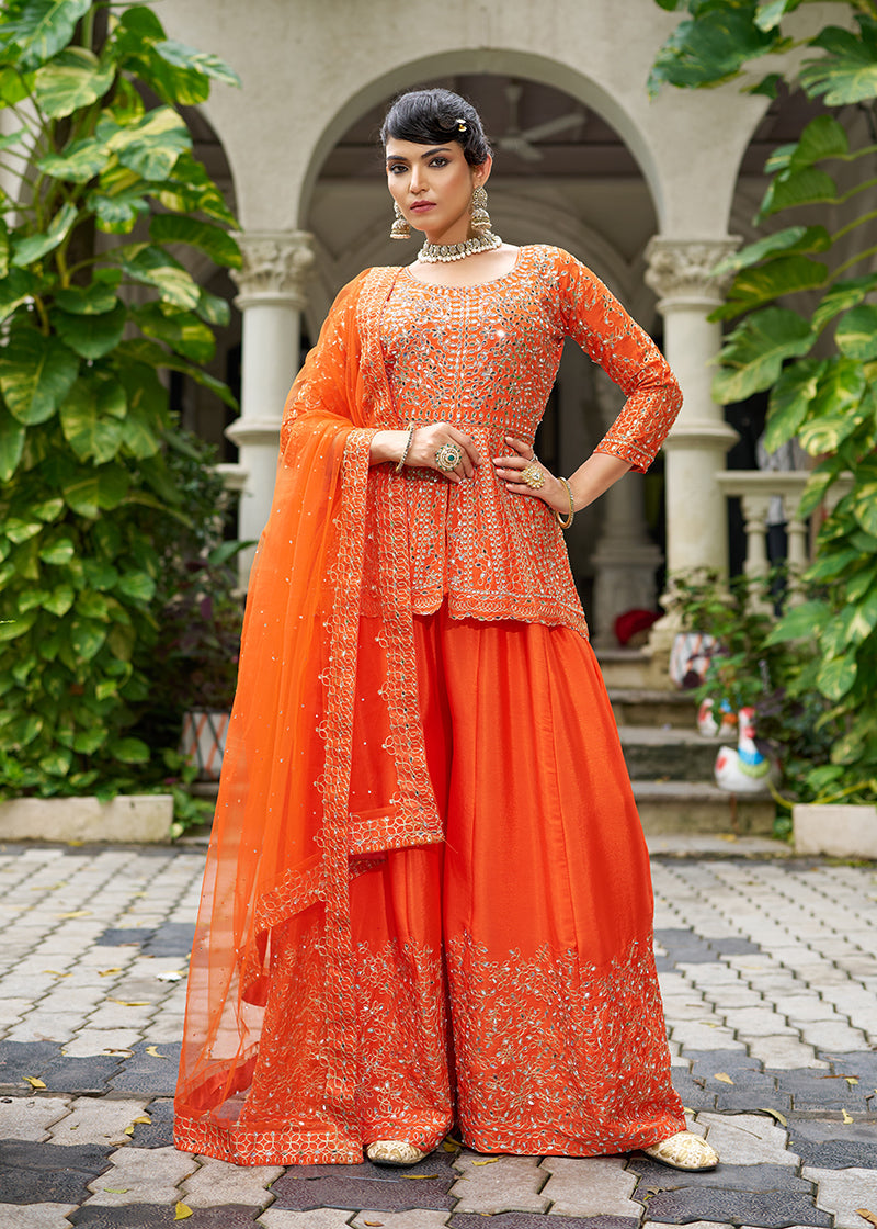Monjolika Fashion Chinon Embroidered Orange Readymade Palazzo Kameez | Grocsy
