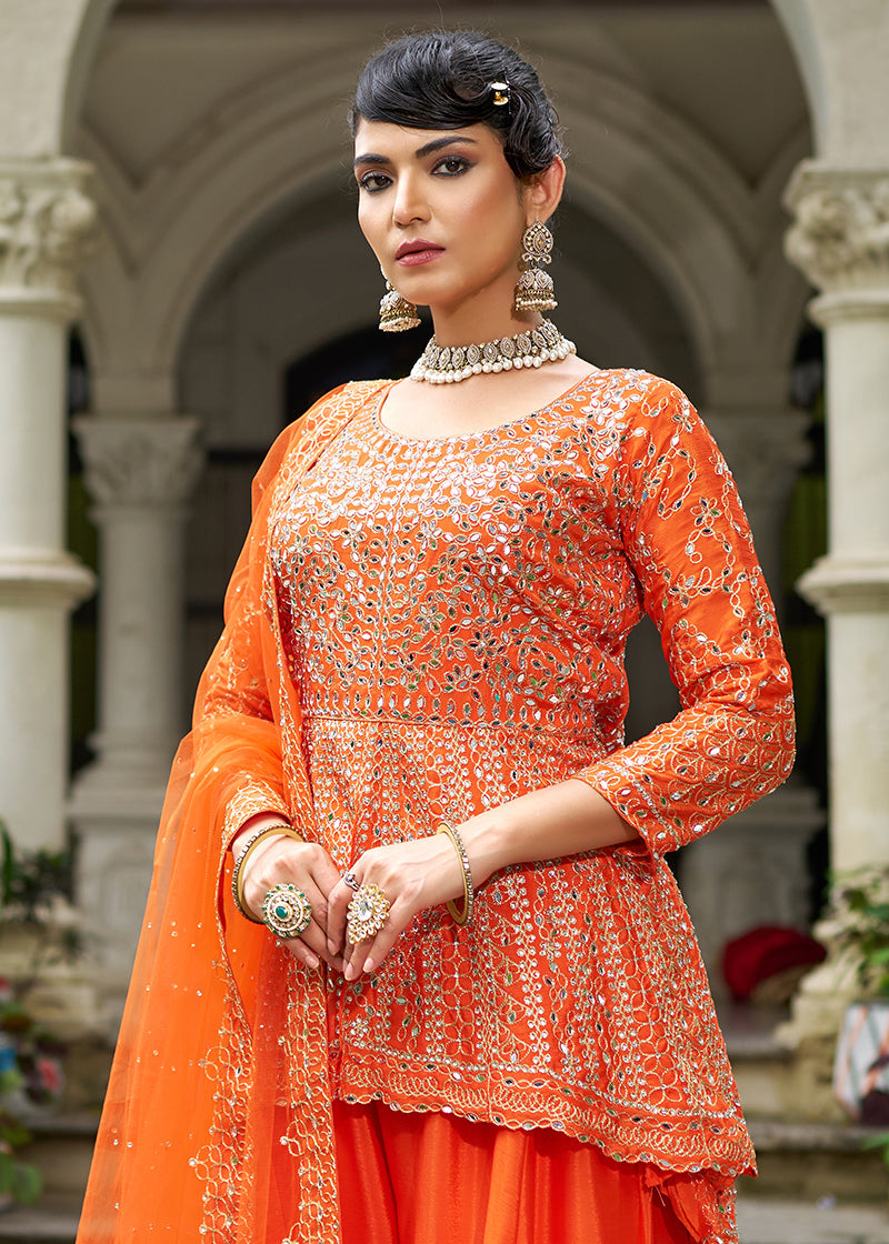 Monjolika Fashion Chinon Embroidered Orange Readymade Palazzo Kameez | Grocsy