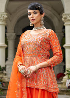 Monjolika Fashion Chinon Embroidered Orange Readymade Palazzo Kameez | Grocsy