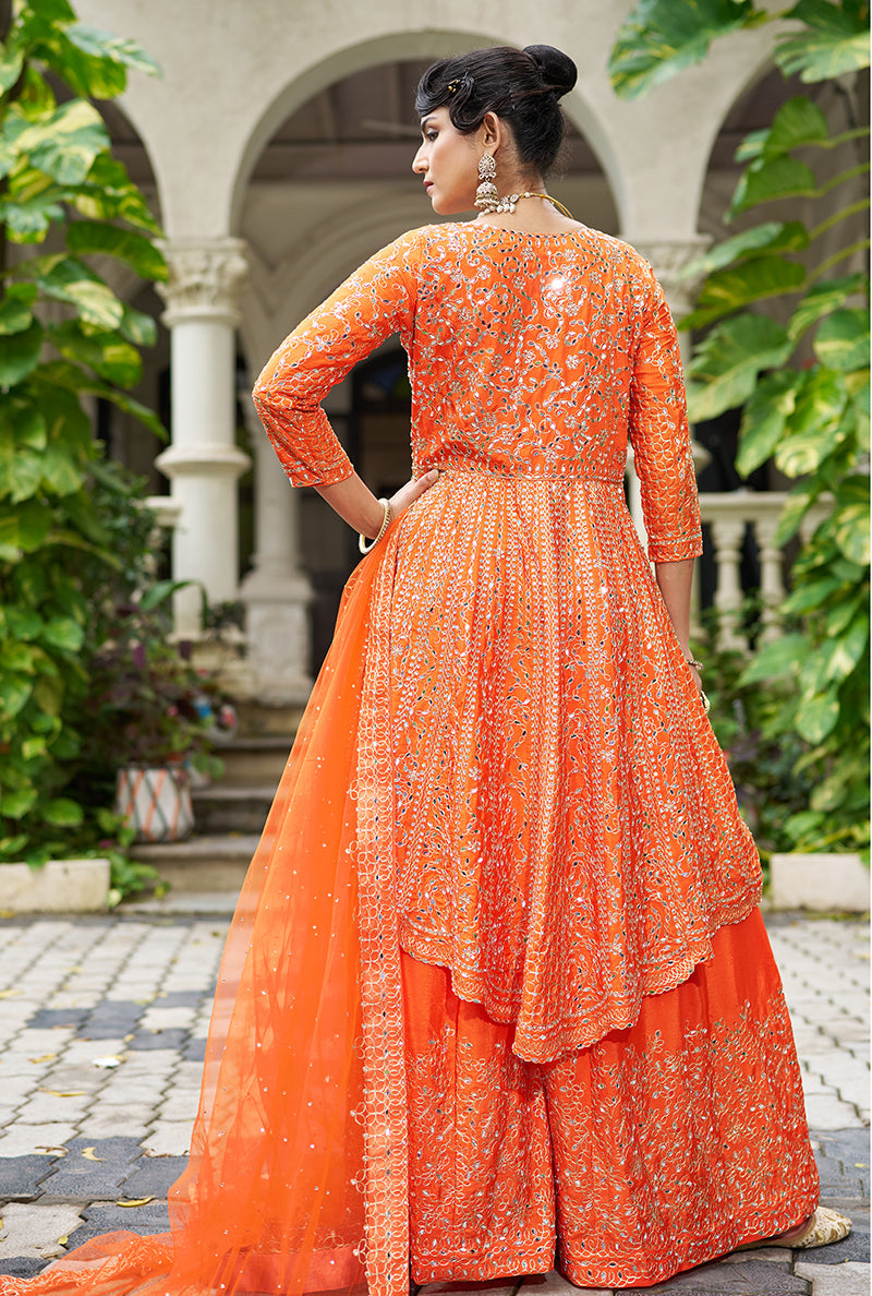 Monjolika Fashion Chinon Embroidered Orange Readymade Palazzo Kameez | Grocsy