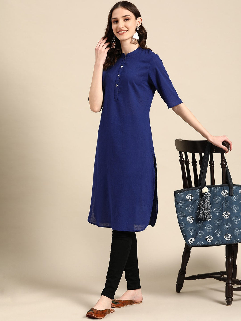 Sangria Women Solid Mandarin Collar Pure Cotton Indigo Kurta | Grocsy
