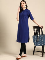 Sangria Women Solid Mandarin Collar Pure Cotton Indigo Kurta | Grocsy