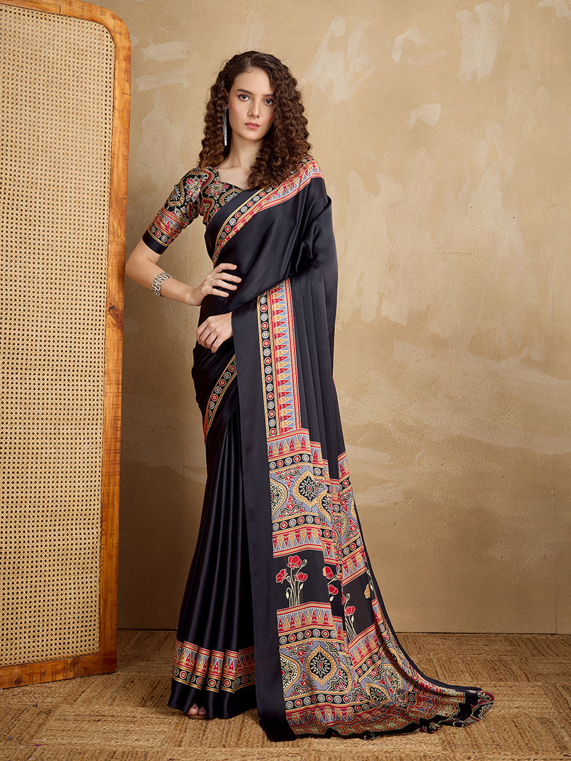 Monjolika Fashion Black Printed Satin Saree | Grocsy