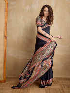 Monjolika Fashion Black Printed Satin Saree | Grocsy
