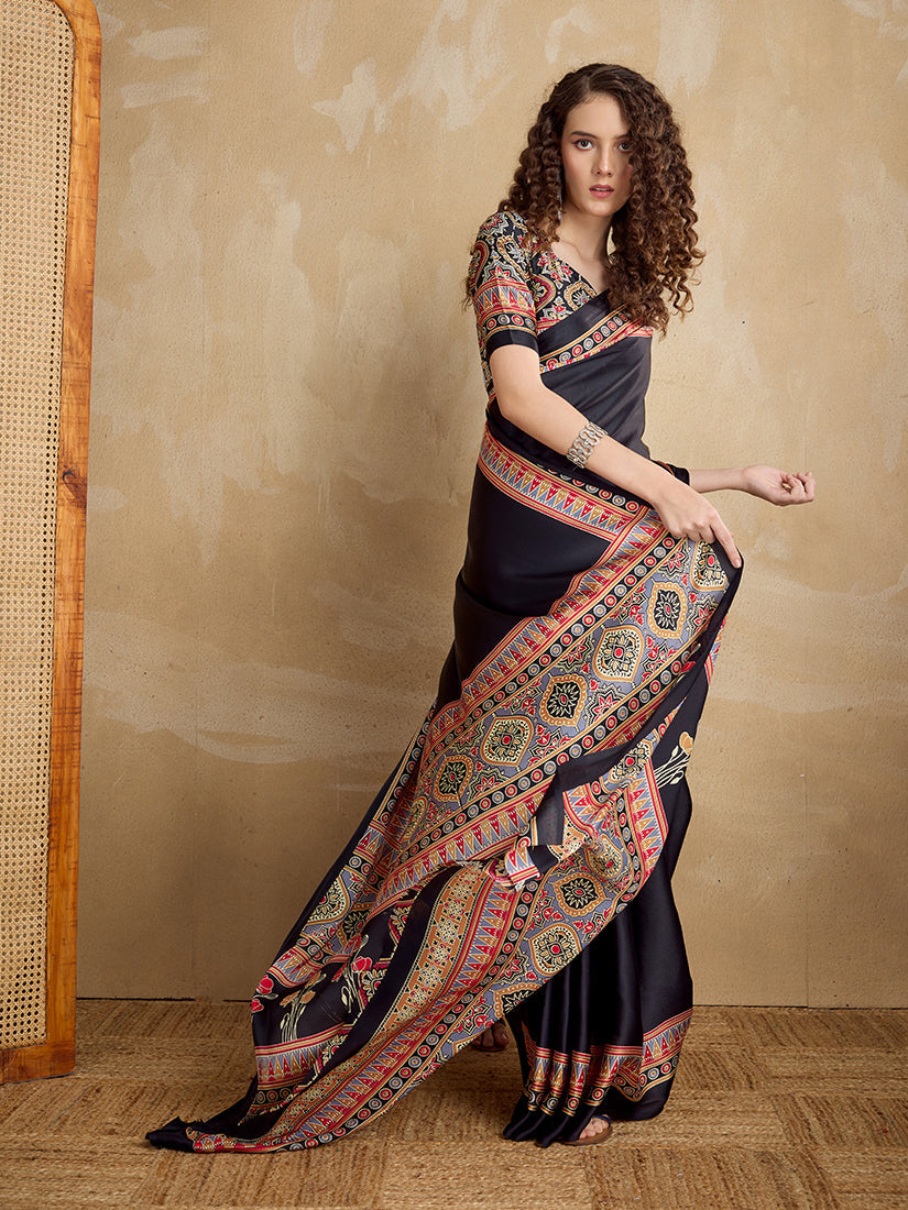 Monjolika Fashion Black Printed Satin Saree | Grocsy