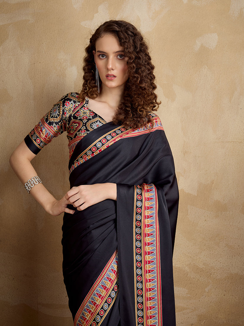 Monjolika Fashion Black Printed Satin Saree | Grocsy