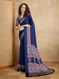 Monjolika Fashion Navy Blue Printed Satin Saree | Grocsy