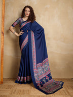 Monjolika Fashion Navy Blue Printed Satin Saree | Grocsy