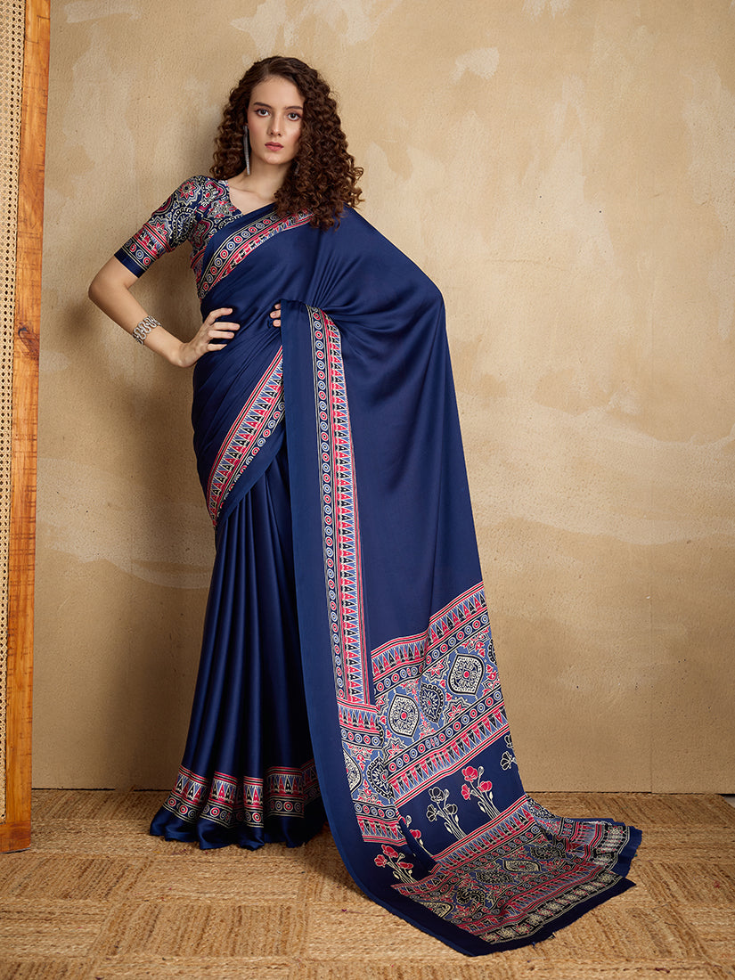Monjolika Fashion Navy Blue Printed Satin Saree | Grocsy