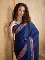 Monjolika Fashion Navy Blue Printed Satin Saree | Grocsy
