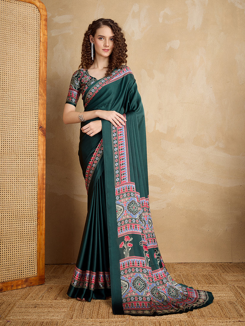 Monjolika Fashion Dark Green Printed Satin Saree | Grocsy