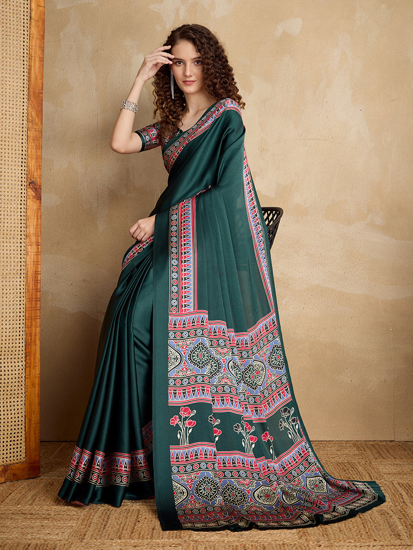 Monjolika Fashion Dark Green Printed Satin Saree | Grocsy