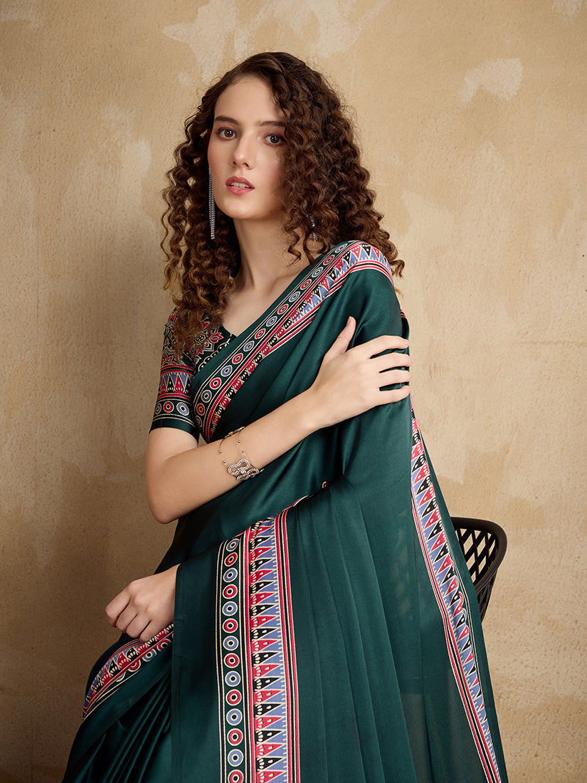 Monjolika Fashion Dark Green Printed Satin Saree | Grocsy