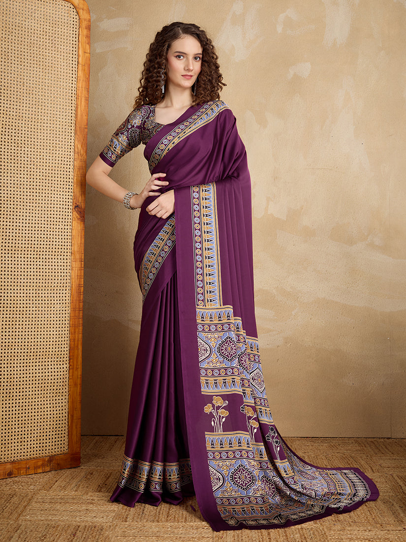 Monjolika Fashion Purple Printed Satin Saree | Grocsy