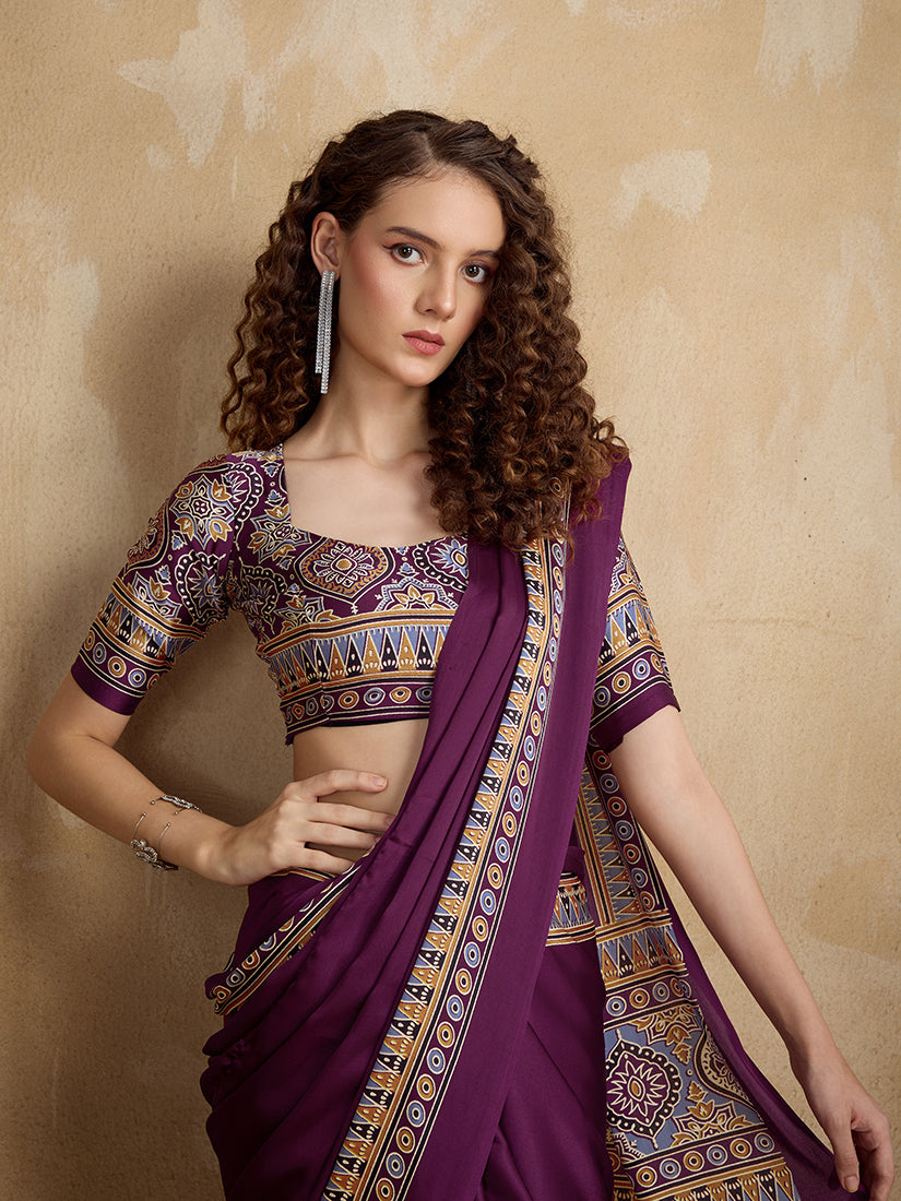 Monjolika Fashion Purple Printed Satin Saree | Grocsy