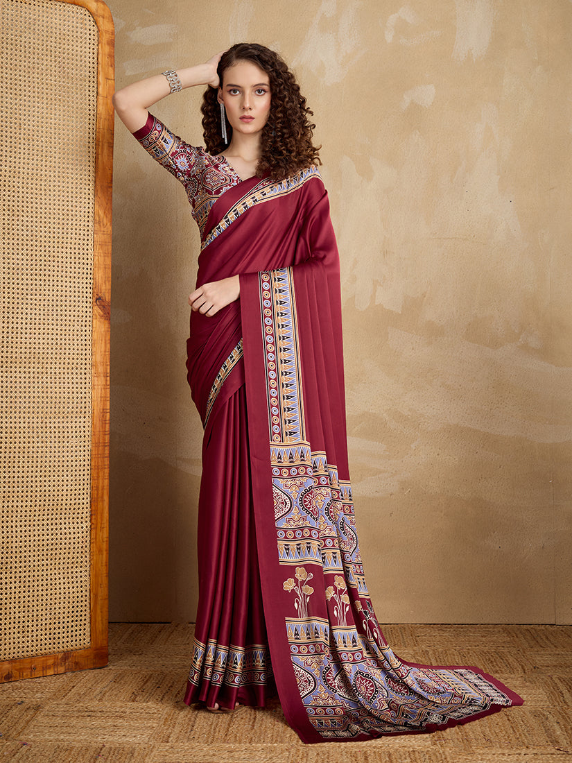 Monjolika Fashion Maroon Printed Satin Saree | Grocsy